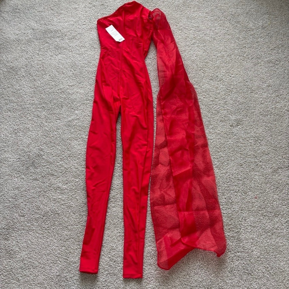 ATU Body Couture Bow Shoulder Catsuit Jumpsuit Womens XS Red Asymmetric Bold - Picture 9 of 10